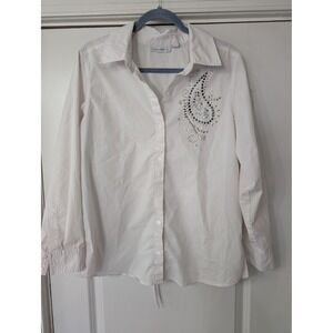 Susan Graver Womens Medium White Button Front Embellished Paisley Blouse Shirt